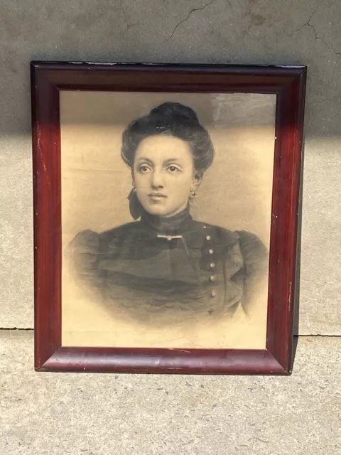 Antique Victorian Sketch Portrait Woman Framed Original Drawing 23.5 X 19” Ooak
