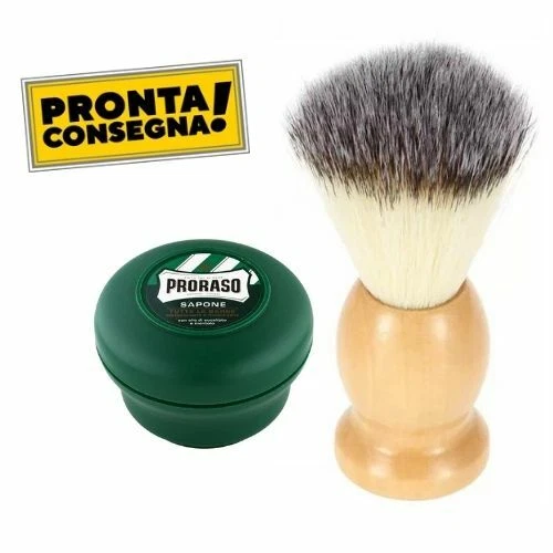 Pennello Da Barba Manico Di Legno Setole Morbide  + Proraso Sapone Ciotola 75 Ml