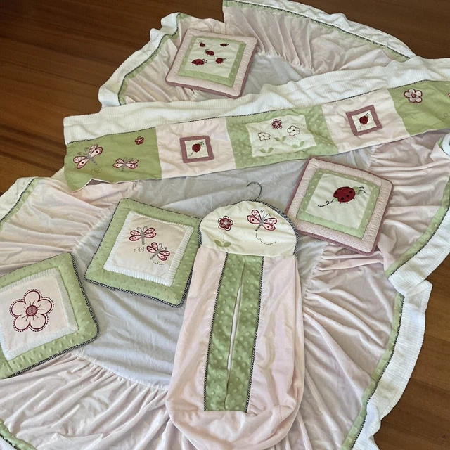 Kidsline Baby Nursery SET Pink & Green Ladybugs Dragonfly Skirt Diaper Valance