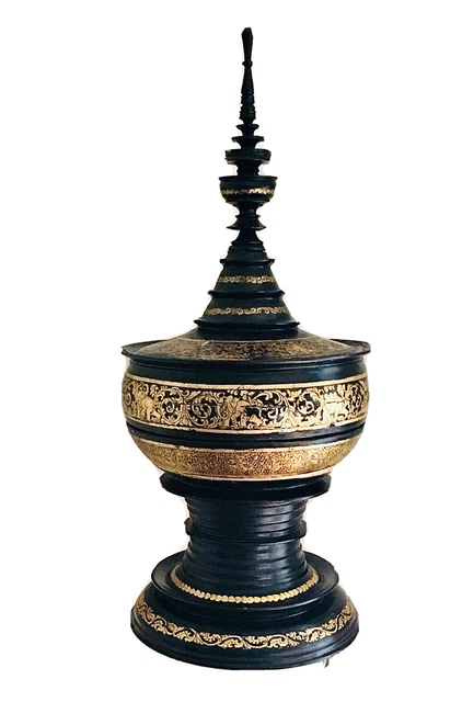 Antique Burmese/Thai Black and Gold Lacquered Wood Temple Offering Vessel, Bowl 3