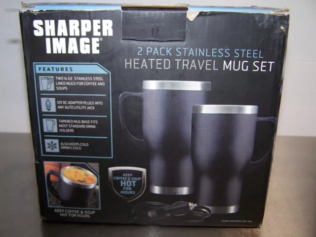 sharper image 2 pack stainless steel heated travel muge new in box 3