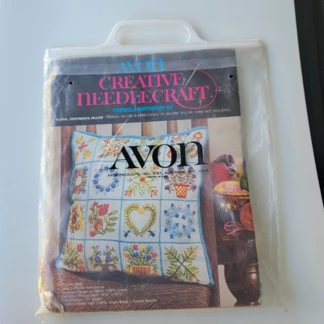 NEW Vtg Avon Creative Needlecraft Crewel Embroidery Kit Floral Sentiments Pillow