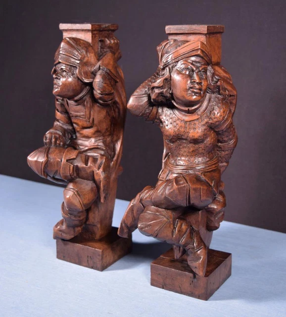 *14" Pair of French Antique Solid Walnut Wood Figures/Support Posts Pillars