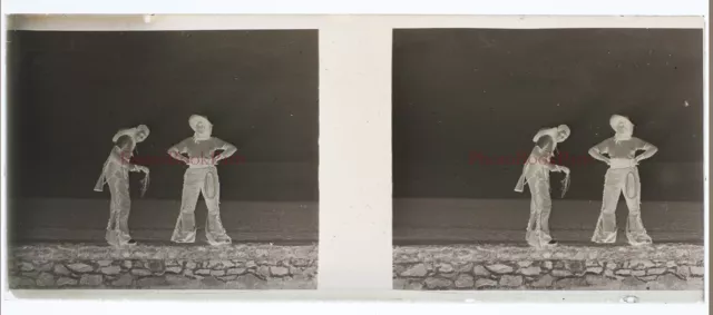 Cowboys Photo NEGATIVE Glass Plate c1930 Stereo Vintage PL28L8n  2