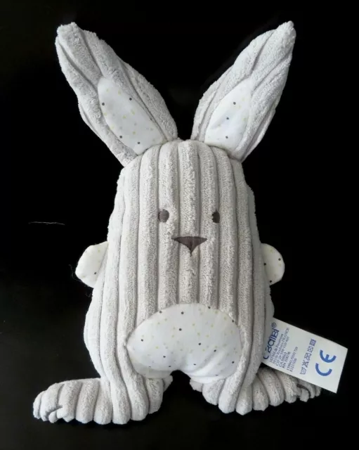 E8. Doudou Peluche Musical Obaibi Okaidi Lapin Gris Blanc Pois Vert Etat Neuf