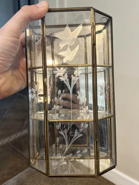 Vintage 9.5” Brass Etched Glass Mirrored Curio Cabinet Display Shelf or Wall Vintage 9.5” Brass Etched Glass Mirrored Curio Cabinet Display Shelf or Wall