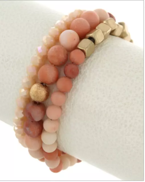 BRAND NEW (3)  8mm Semi Precious Stone STACKING Stretch Bracelet Set PEACH