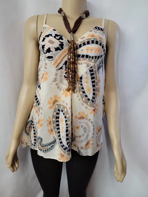 Anthropologie HD in Paris 100% Silk Cream Floral Tank Top Tunic Blouse Sz 4 #002