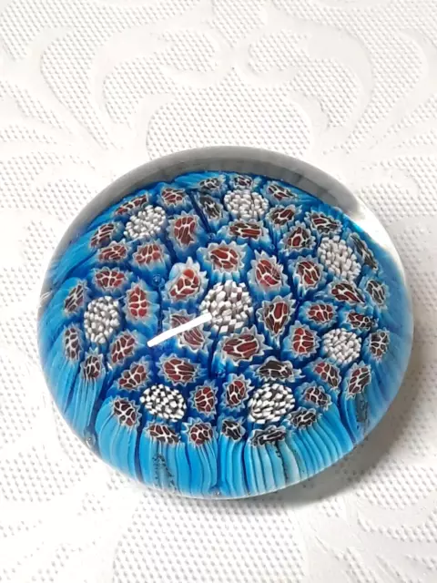 Vintage Murano Millefiori Art Glass Paperweight - Turquoise Red Whites Detailed