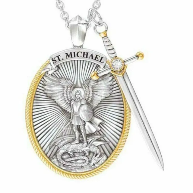 Saint Michael Archangel Pendant Necklace Catholic Chain Holy Shield Cross Amulet