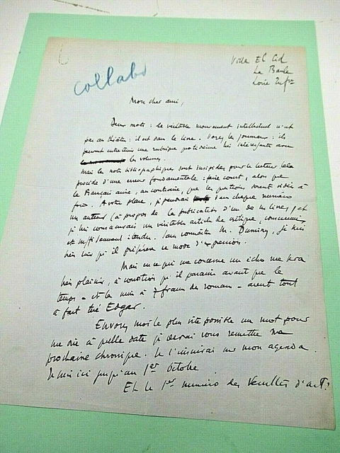 HENRI DUVERNOIS Autographe Signé 1919 ROMANCIER THEATRE "FEUILLETS D'ART"