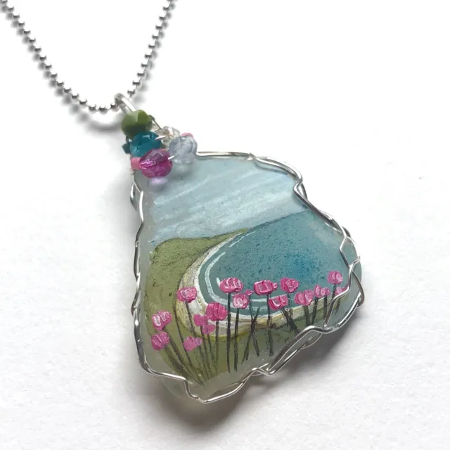Pink thrift summer beach hand painted English sea glass necklace - 18" chain