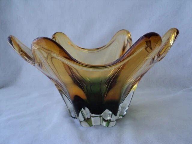 Murano Style Green & Gold Amber Art Glass Large Bowl Heavy