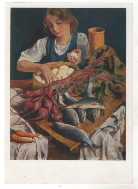 1965 Young GIRL In the kitchen. Vegetables, Fish ART Soviet Russian Postcard OLD