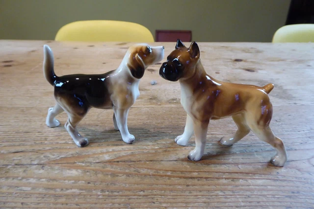 2 Vintage China Dog Figurines "Foreign" Boxer and Beagle/Spaniel
