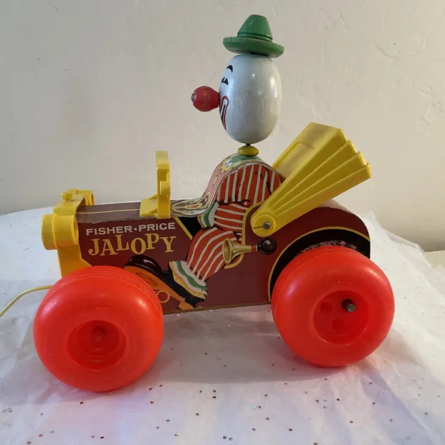 Vintage 1965 Fisher Price Jolly Jalopy Circus Clown Wooden Pull Toy #724