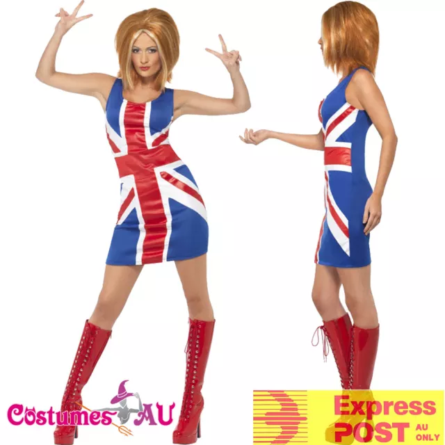Ladies Ginger Spice Girls Costume Union Jack 1990s Fancy Dress 90s Pop Star 80s
