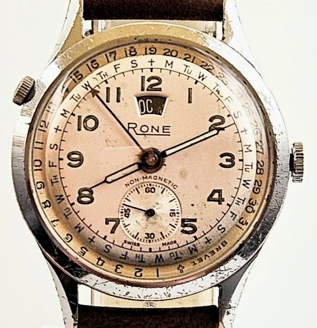 RONE “DATE-O-GRAPH” TRIPLE Date Calendar Watch c.1948 FHF 175 Swiss ...