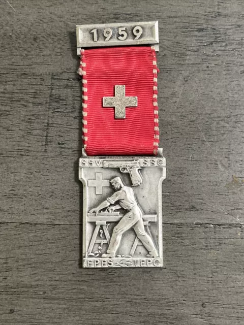 VINTAGE 1959 Switzerland Shooting Festival Old Swiss Ribbon Award Medal SSV SSO