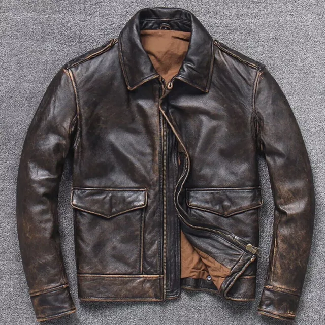 Mens Vintage A2 Bomber AIR Force Style Distressed Brown Real Leather Jacket