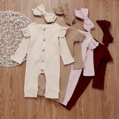 Newborn Baby Girls Ribbed Bodysuit Romper Jumpsuit Headband Set Outfits Clothes