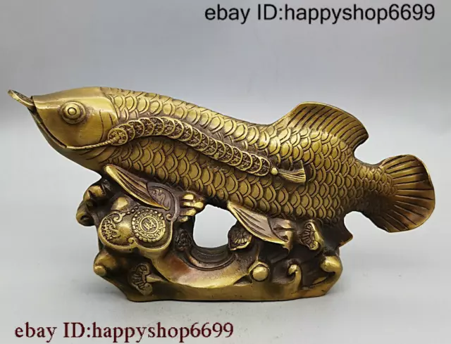 10" Collect China Folk Pure Copper Bronze FengShui Wealth RuYi Coin Fish Statue