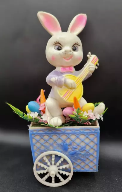 Creepy VTG Plastic BANJO PLAYING Mustachio EASTER BUNNY In CART w EGGS & CARROTS