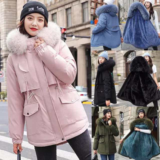 Womens Ladies Quilted Winter Coat Puffer Fur Collar Hooded Jacket Parka Size New