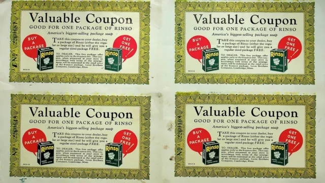 1940's FOUE RINSO CLOTHES WHITENER COUPONS WITH 10 LANGUAGES ON THE BACK- DD-46