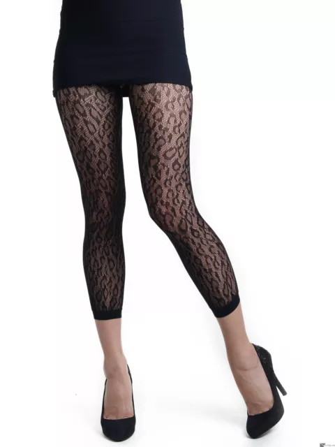New Ladies Women's Black Fashion Leopard print Lace Ripped Tights
