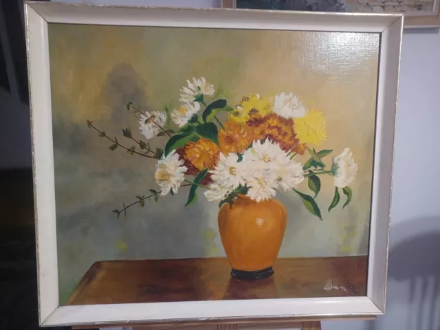 Large Vintage oil painting on canvas panel still life flowers