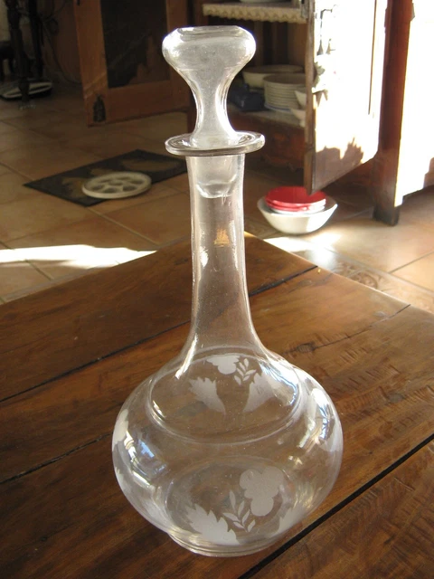 Ancienne Bouteille Drakkar En Verre Soufflé, Bouchon Bois, 1L, Fait Main
