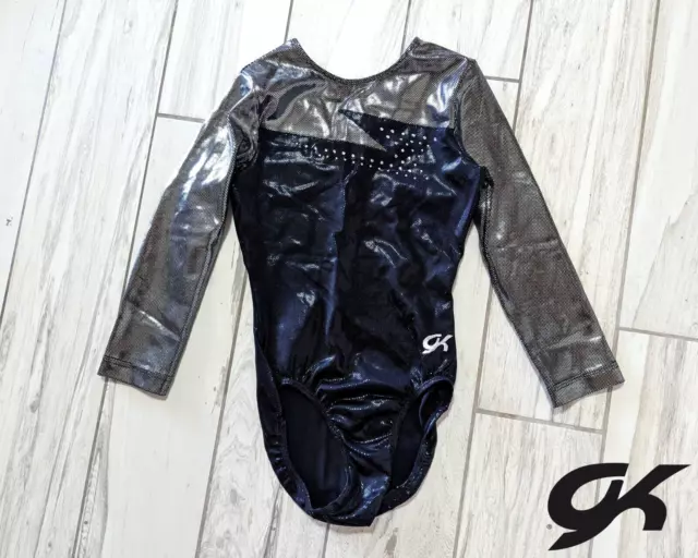 COMPETITION GK Elite gymnastics Leotard AS Small 3/4 sleeve Silver RHINESTONES