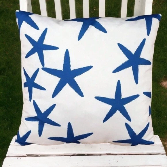 Funda de almohada de estrella de mar costera playa náutica cuadrada azul blanca 17. 7 X 17,7 in