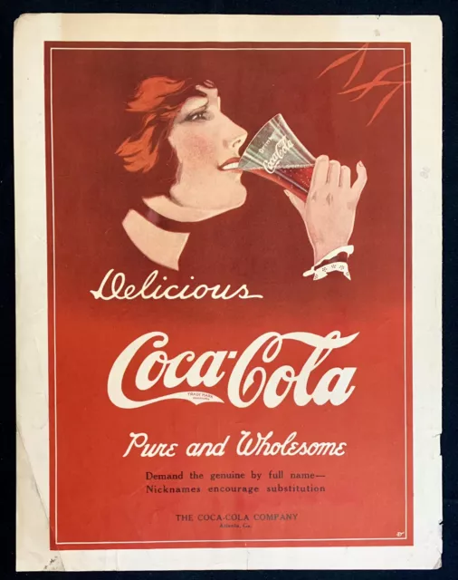 ORIGINAL 1914 Large Coca-Cola Color Ad Woman Drinking From Coke Glass