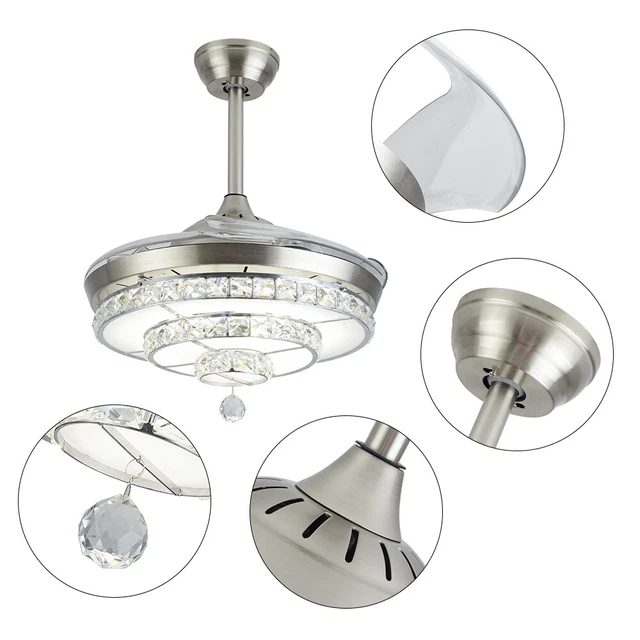 42" Invisible Crystal Ceiling Fan Light Remote LED Chandelier Retractable Blade