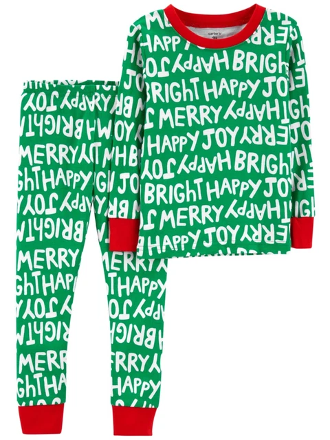 Carters Infant & Toddler Boy & Girls Green Happy Merry Joy Christmas Pajamas