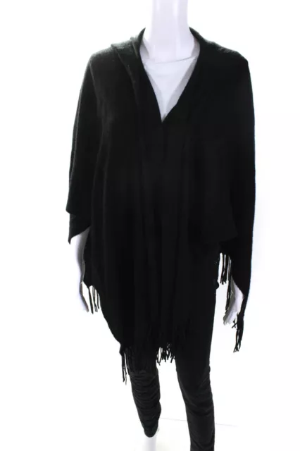 Minnie Rose Womens Black Cashmere Hooded Fringe Edge Shawl Sweater Top Size OS