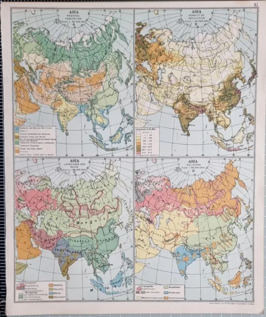 1921 Map Asia Regional Vegetation Density Of Population Races & Religions