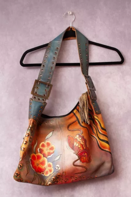 ANUSCHKA  Butterfly & Floral - Hand painted on leather handbag/shoulderbag