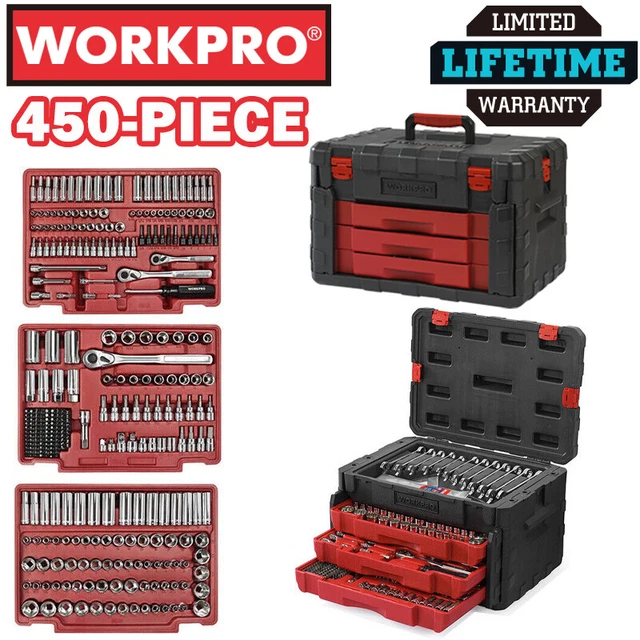 WORKPRO 450PC MECHANICS Tool Set Automotive Tool Kit 3Drawer Heavy Duty