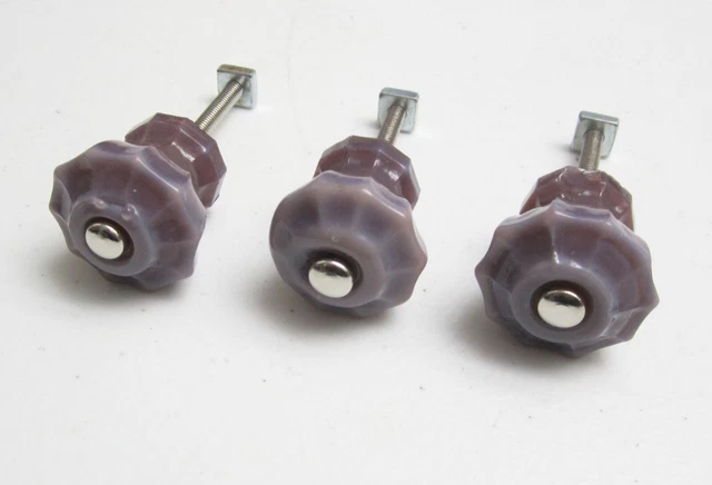 3 Antique Vintage PURPLE GLASS Dresser Drawer Cabinet KNOBS Pulls w/ Hardware