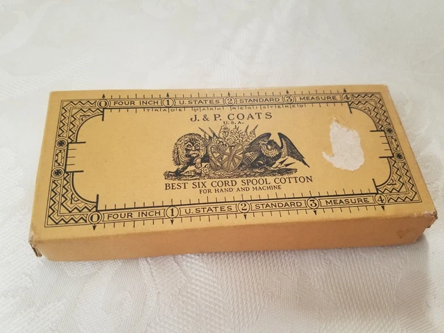 ANTIQUE J&P Coats White Thread Embossed Wood Spool Cotton Box With Spools