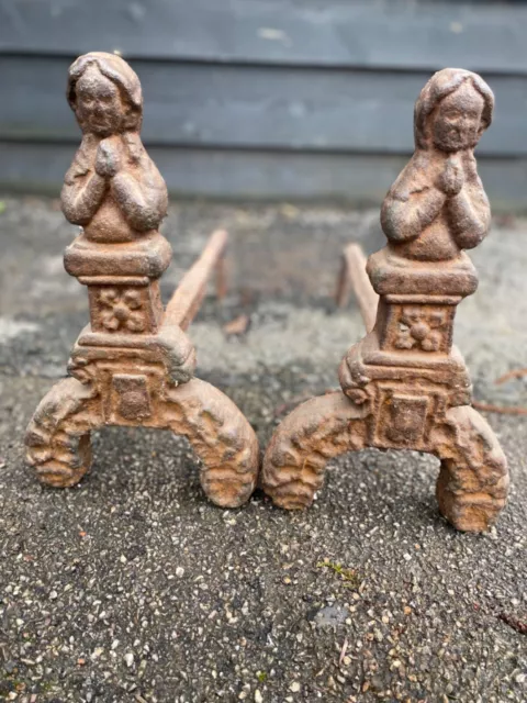 Antique Cast Iron Praying Figural Fire Dogs Andirons