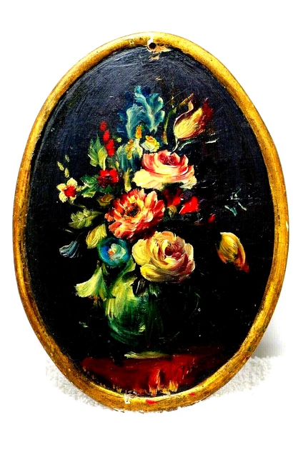 Antique Italian Floral Painting / Oval on wood / Late 19th. Century