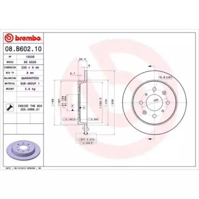 BREMBO 2x Bremsscheibe hinten 239 Voll für Honda Jazz III GE 08.B602.10