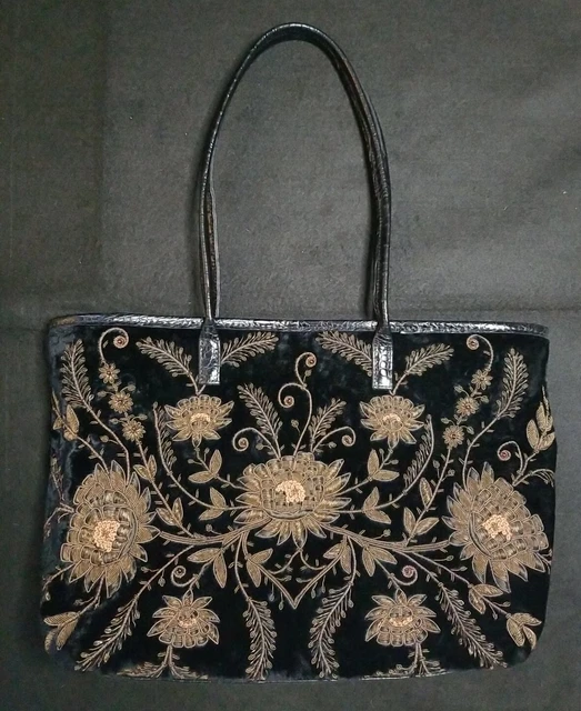 Clever Carriage Co Handbag Black with Gold Wire Embroidery Beads Velvet Leather