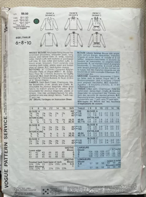 Vogue 1913 OSCAR DE LA RENTA Misses’  Blouse In 3 Styles Pattern (6-10) UNCUT 2