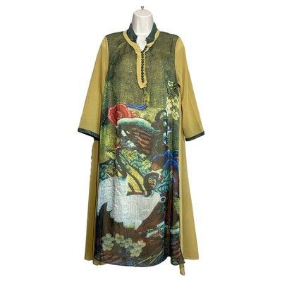 Vicky And Lucas Sz M Mandarin Collar Sheer Layered Maxi Dress Asian Cranes Koi