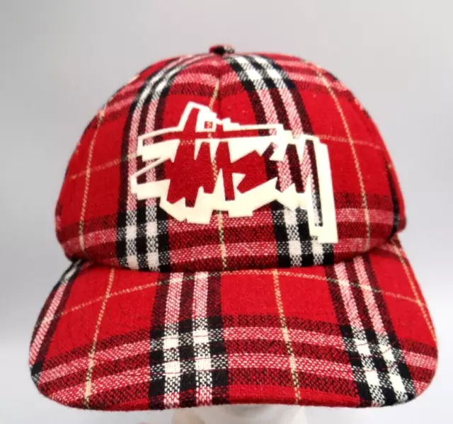 VTG 80S 90S Stussy Red Plaid Hat Authentic Wool Blend Cap Snapback